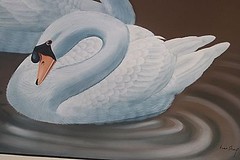 Beautiful Pair of White Swans Acrylic Painting Signed Lee Sheng(?) Painting Only