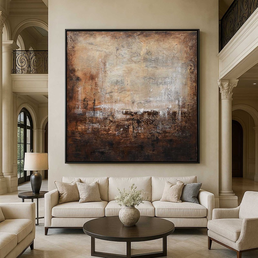 46 x 46 TEXTURED WABI SABI ABSTRACT PAINTING ON CANVAS SQUARE FRAMED ART