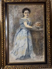 Striking „Full Length Portrait of A Young Girl“ Oil On Canvas Painting – Framed