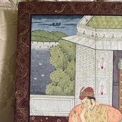 Indian Miniature Painting Of King & Queen Love Scene Art On silk 14 x 19 Inches