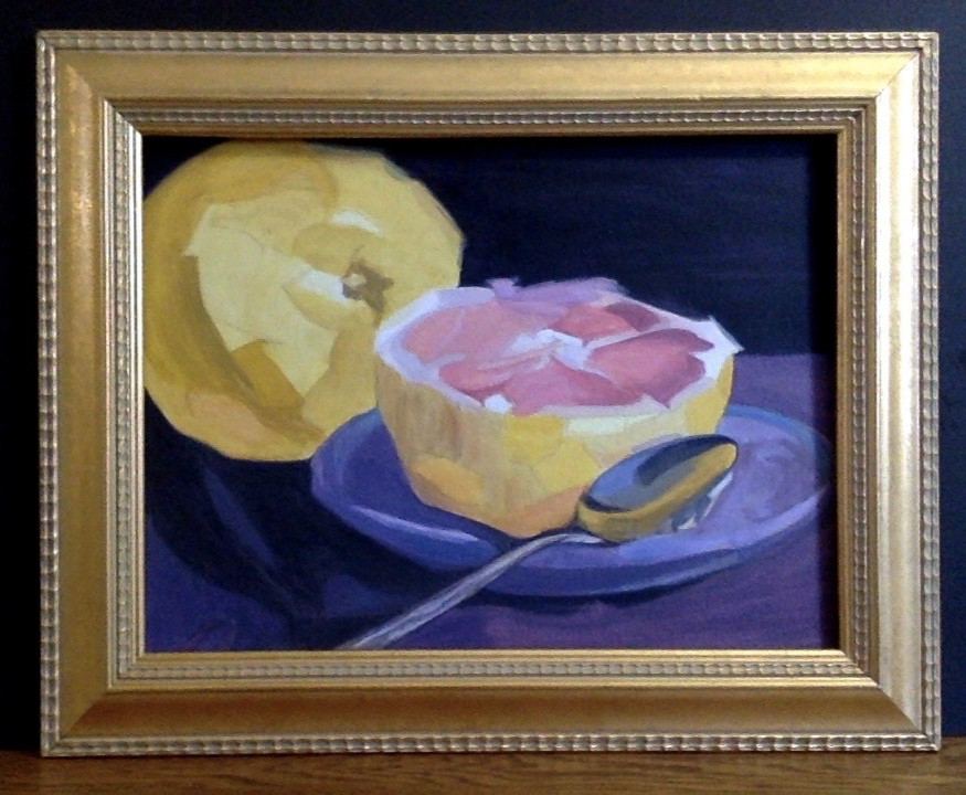 Pink Grapefruit Still Life Painting Acrylic on Canvas Board Framed Original