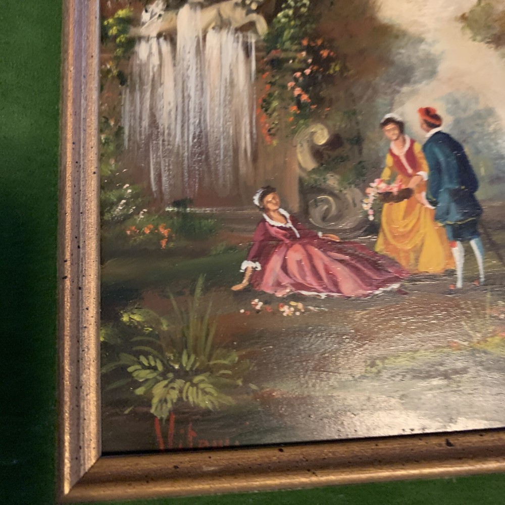 Vintage Pictures Wooden Frame Green Border, ￼￼Mid Century Setting Oil Painting.