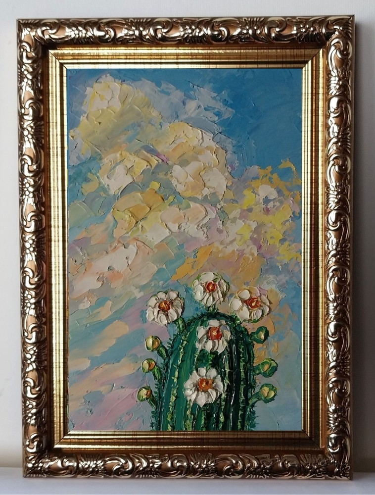 Framed Cloudy Sky Arizona Cactus Saguaro Art 4×6” Impasto Oil Painting Original