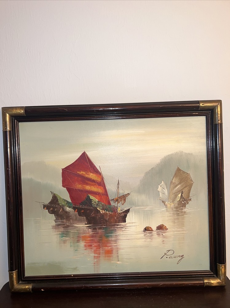 P. WONG Signed Vintage Oil Painting on Canvas ASIAN Boats/ Ships