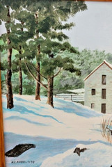 1992 Original Oil Painting on Canvas by H C KNEBEL RIVER through snowy Gristmill