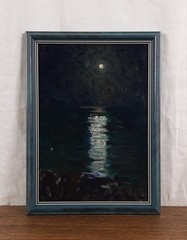 Moonlight Seascape Oil Painting Night Ocean Moon Reflection Coastal Art
