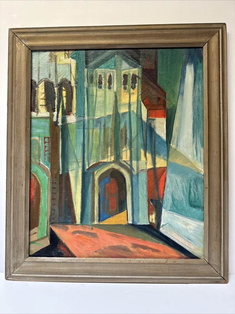 Antique Cubist Painting New York Modernist Expressionist Architectural Mystery