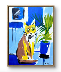 Original Art Cat 14×11 Abstract Expressionist Animals Painting Canvas By Aleph