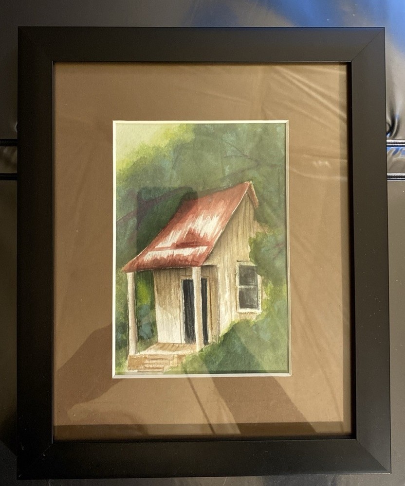 Cabin In The Woods Watercolor Painting Unsigned Mat & Frame New OOAK Artist Art