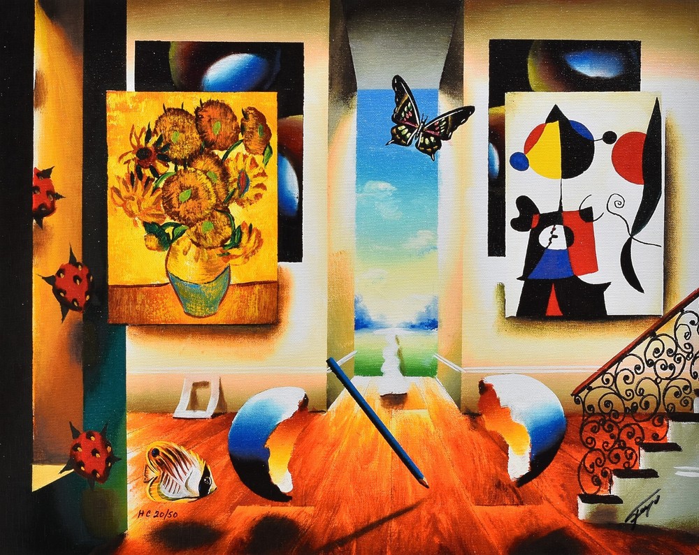 Fascinating LIMITED FERJO Giclee Canvas „Sunflowers & Miro“ Numbered SIGNED COA