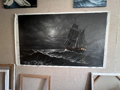 Original Galleon Ship Oil Painting, Moonlight Nocturne Huge Fine Art Seascape