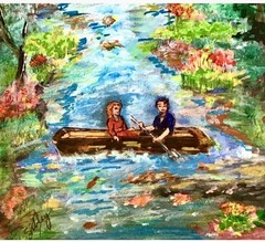 “Serenity” Folk Art Original Painting Colorful Landscape Boat Stream Cabin 8×10