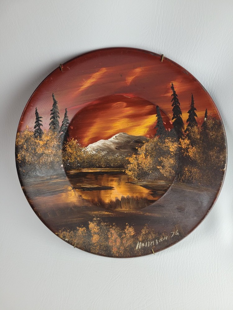 Vintage 1976 Acrylic Handpainted Serving Bowl Mountain Forrest Scene Red Orange