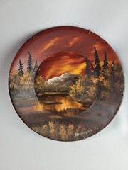 Vintage 1976 Acrylic Handpainted Serving Bowl Mountain Forrest Scene Red Orange