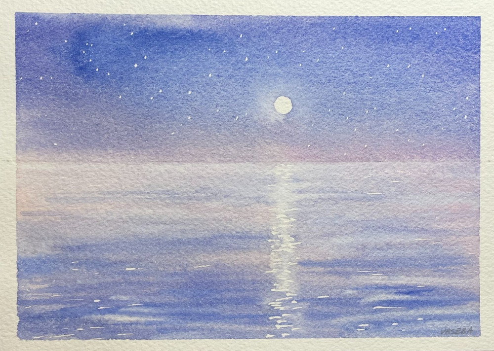 Original Watercolor Painting Seascape Ocean Sea Night Moon – 5×7 inches – NEW