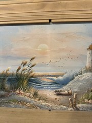 Vintage Coastal Lighthouse Seascape Oil Painting Signed Lorenz 20x 16 W/ shelfS