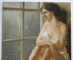 Original Oil Painting Female Figure Woman by Rainy Window Impressionist Art