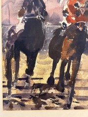 Vintage Original Horse Racing Racetrack Watercolor Painting by Tom Sutherland