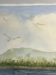 Signed Realism Watercolor Seascape Warship Coastline Mountains Birds Paper