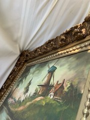 Vtg SIGNED Original Oil Painting Art on Canvas of a Windmill Ornate Gilded Frame