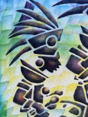 cotton painting signed EST A ’92‘ Maya N drummers Figure sin jungle , framed