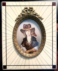 VTG FRENCH MINIATURE PORTRAIT LADY with HAT PAINTING, SPINE & BRASS FRAMED, vg