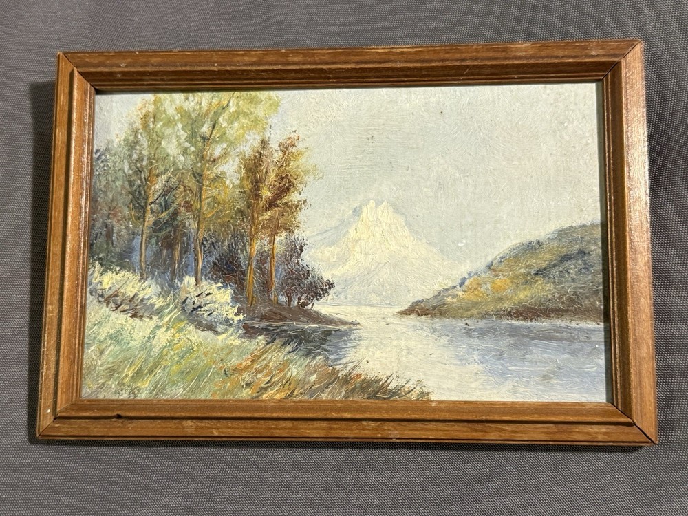 Antique Miniature Oil on Artist Board Landscape Painting of Mountain River Lake