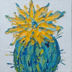 Original 4″ Oil Painting green barrel cactus yellow flower IMPASTO textured