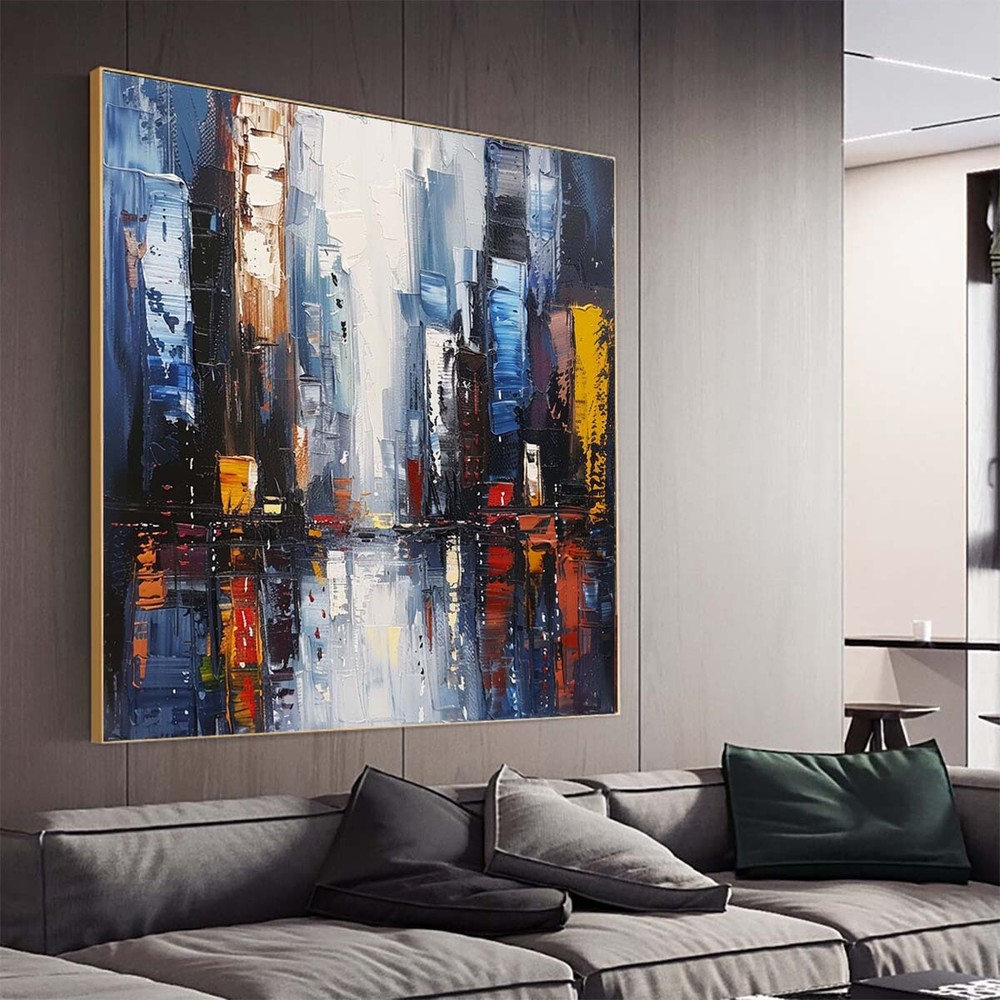 Hand Painted Abstract Wall Art Painting On Canvas Blue city home Room New York