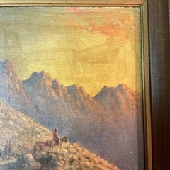 Antique Cowboy Western Mountain Scene Original Oil On Canvas Board Painting