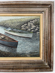 FERNANDO BATISTA VINTAGE FISHING BOATS MID CENTURY NAUTICAL FISHING OIL PAINTING