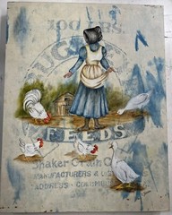 Women Feeding Ducks, Acrylic Painting on Linen Sack