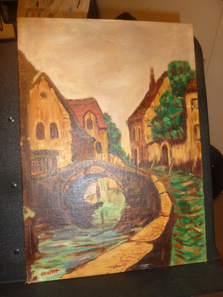 Elisee Maclet Vintage Origional Oil Painting „The Village Bridge“