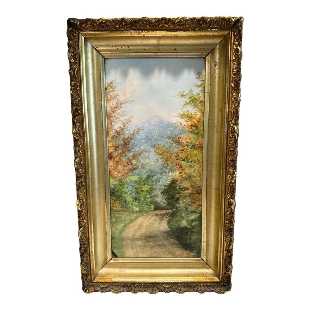 Vintage Pastel Mountain Landscape Tile Art Attributed Inness Gold Baroque Frame