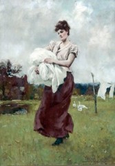 Oil painting lady woman landscape A-Showery-Day-Washing-Henry-John-Yeend-King