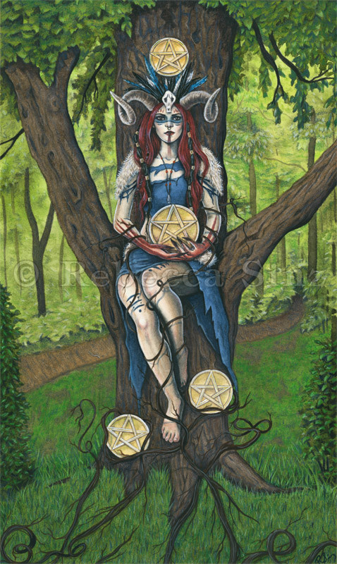 Fantasy Art ORIGINAL PAINTING Tarot Card four 4 of Pentacles dark Shaman Gothic
