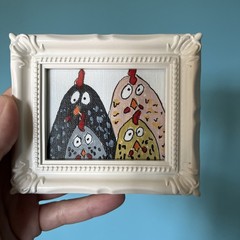 Chickens Hens Funny Animals, cute,original,miniature Painting,small,mini,framed