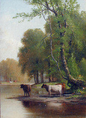 Chicago Painting JUNIUS SLOAN ‚Cows by a Stream‘, 14 x 10
