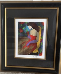 LINDA LE KINFF ORIGINAL PAINTING WOMAN RED DRESS SIGNED FRAMED COLORFUL