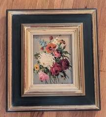 Vtg B Leonard Original Art Floral Rose Bouquet Still Life Painting on Wood Frame