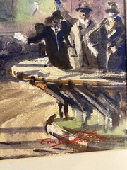 Vintage Original Horse Racing Racetrack Watercolor Painting by Tom Sutherland