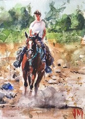 Original Small Watercolor Woman On Horseback 7.1/2″ X 5.1/2″