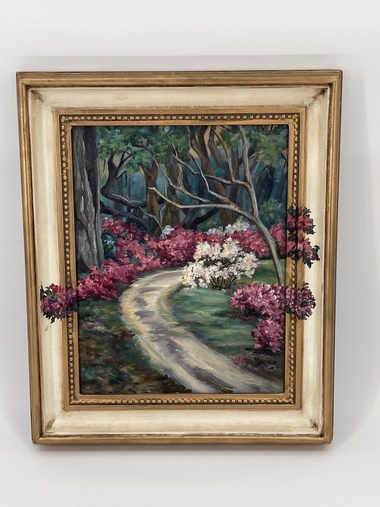 Framed Floral Garden Path Oil Painting 3D Shadow Box Style Wall Art 19 X 15