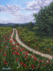 Original Country Path Oil Painting Poppy Meadow Flowers Rural Field Wall Art