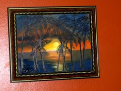 Lake Landscape Sunset Reflections Sea shore Palm Trees by Water Oil Painting