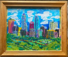 Colorful City Before Flower Meadow With Cloudy Sky Oil Watercolour