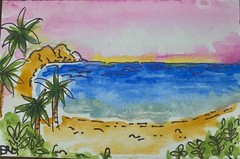 aceo original painting watercolor BEACH AND PALM TREES 4in x 2.75in