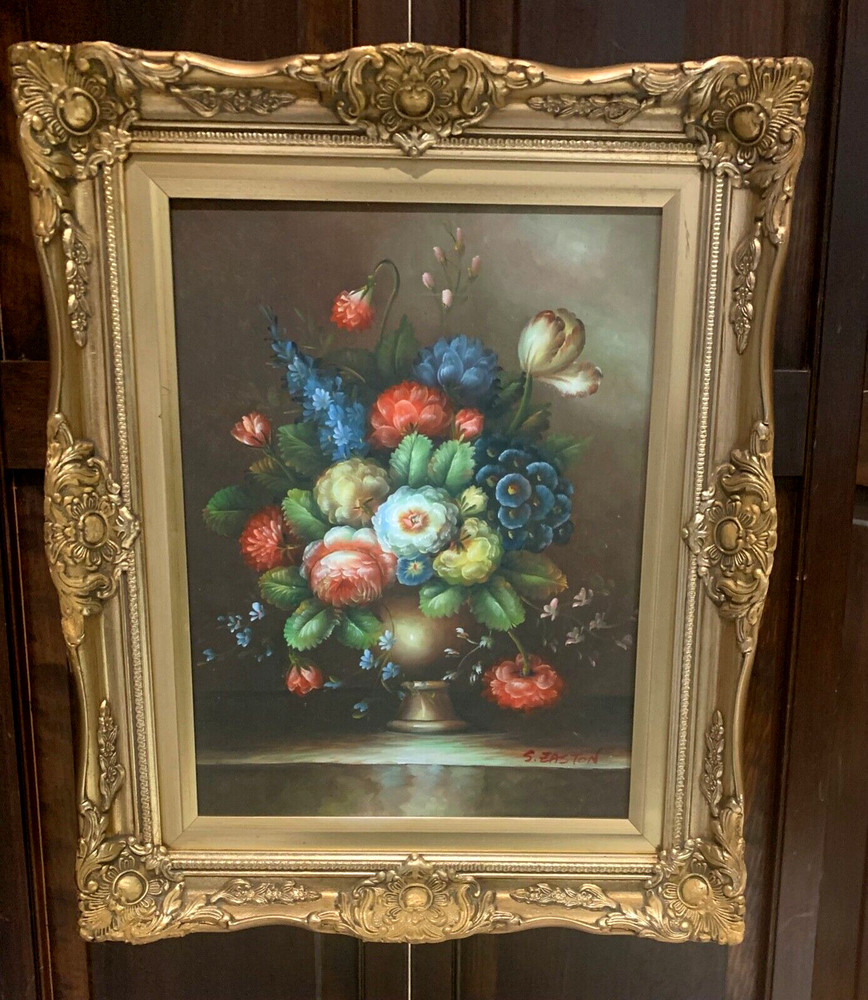 VTG S.EASTON OIL PAINTING ON CANVAS STILL LIFE 21 1/2″ x 17.25″for 16″ x 12″