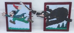 Vintage MCM Folk Art Painting Pair Cartoon Hunter Chased by Wolf on Plywood