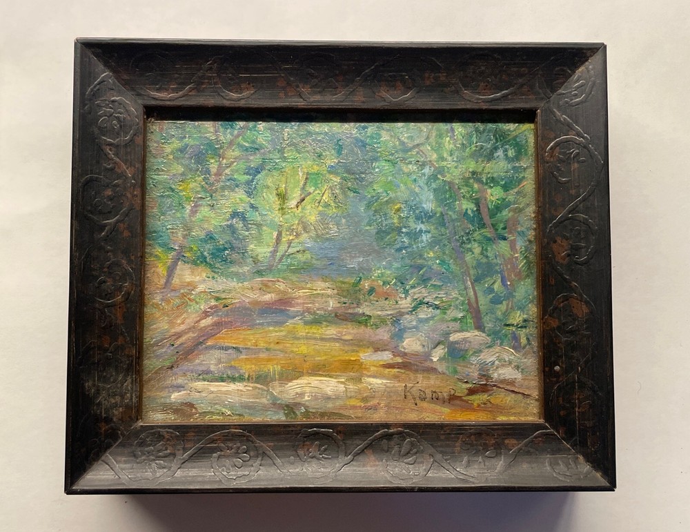 Signed Komp Miniature Impressionist Oil Painting of A Rocky Creek In The Woods